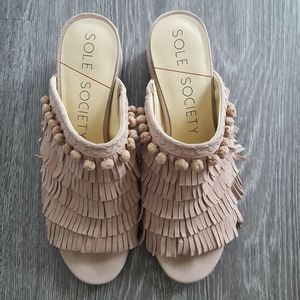 Sole Society Tan Mules with Fringe & PomPoms